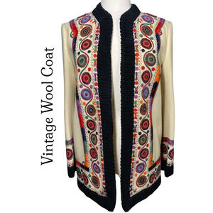 Vintage Lined Wool Coat Embroidered and Knit Scandinavian or Peruvian